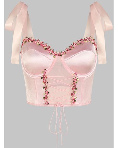 Zaful Sexy Floral Applique Lace Up Backless Ribbon Bowknot Tie Spaghetti Strap Sheer Mesh Spliced Bustier Crop Tank Top - Pink