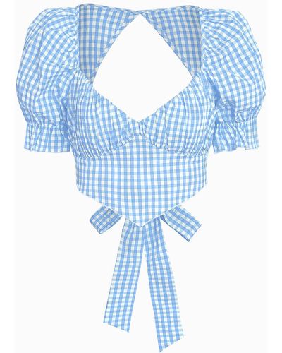 Zaful Puff Sleeve Ruched Gingham Tie Open Back Hanky Hem Blouse - Blue