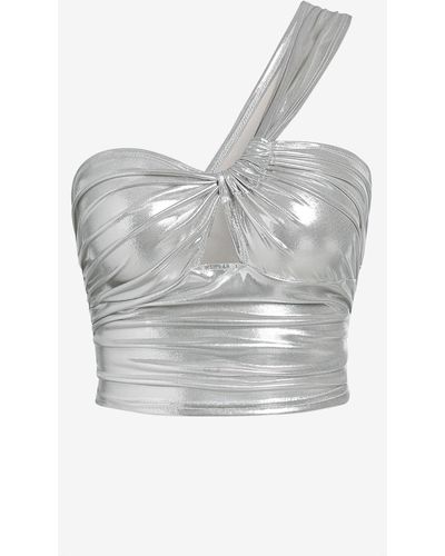 Zaful Sexy Cutout One Shoulder Ruched Cinched Metallic Crop Tank Top - Gray