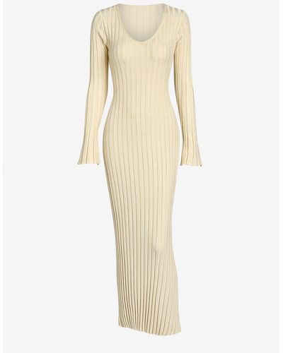 Zaful Daily Solid Color Date Night Ribbed Knit Tie Waist Flare Sleeve V Neck Maxi Sweater Dress - Natural