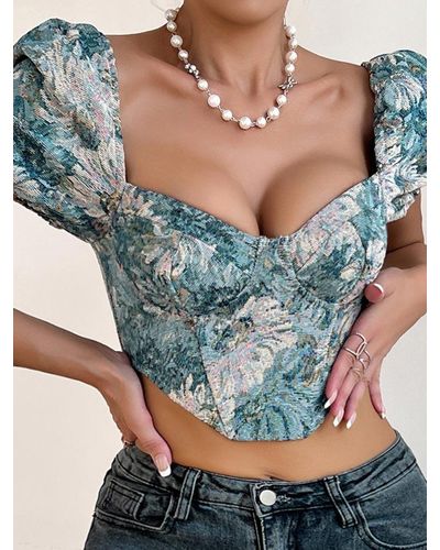 Zaful Retro Sexy Floral Jacquard Puff Sleeve Underwire Boned Detail Sweetheart Neck Back Zip Crop Bustier Corset Style Blouse - Grey