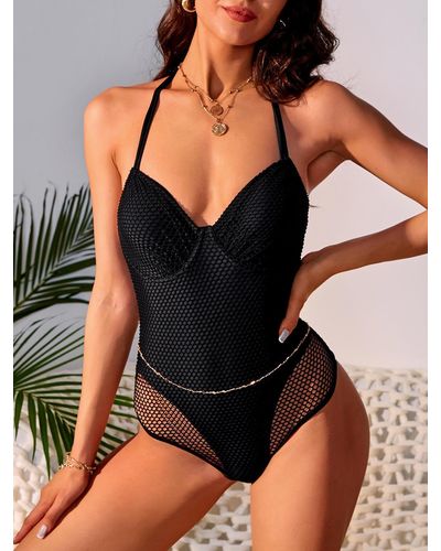 Zaful Fishnet Underwire Halter One-piece Swimsuit Tummy Control Swimwear - Black