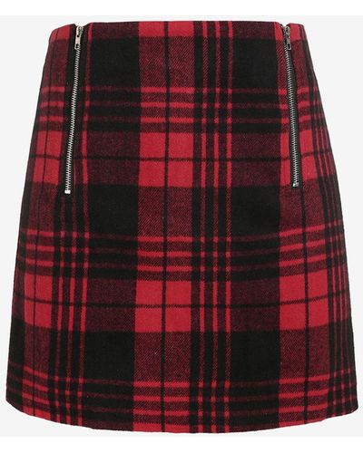 Zaful Plus Size Double Zip Tartan Plaid Wool Blend Skirt - Red