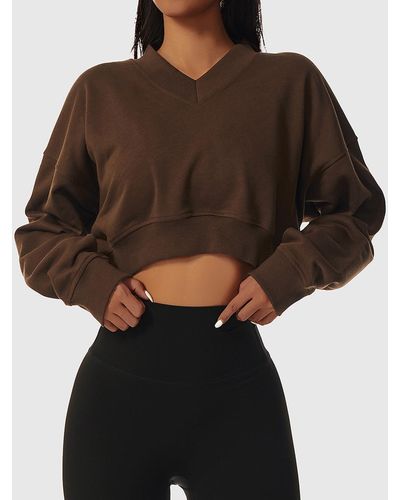 Zaful Sporty Hoodies Solid Color V Neck Sports Sweatshirt - Brown