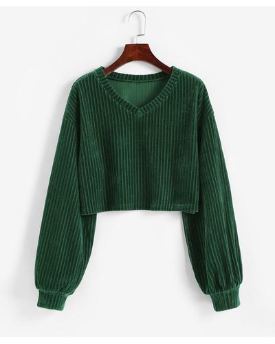 Zaful Hoodies Cropped Ribbed Textured Knit V Neck Sweatshirt - Green