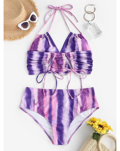 Zaful Bikini Plus Size Tie Dye Cinched Halter Tankini Swimwear Xl - Purple