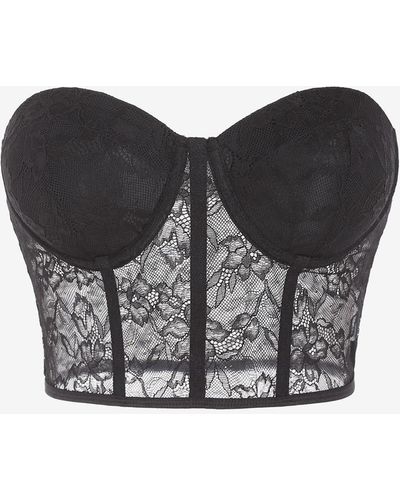 Zaful Tank Tops Flower Patterned Lace Underwire Padded Boned Detail See Thru Bandeau Corset Top - Black