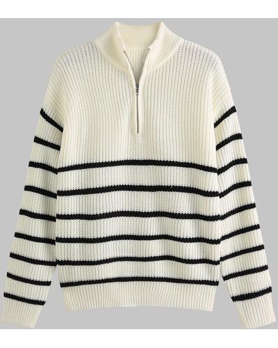 Zaful Daily Casual Striped Drop Shoulder Zip Placket Stand Collar Pullover Sweater Sweater - White