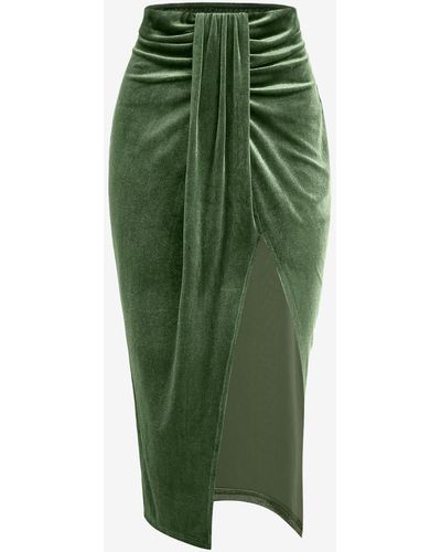 Zaful Ruched Draped Velvet Thigh High Slit Midi Skirt - Green
