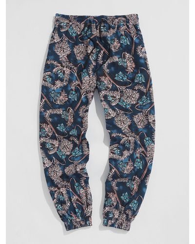 Zaful Leaves Pattern Cotton Linen Texture Elastic Cuffed Pants - Blue