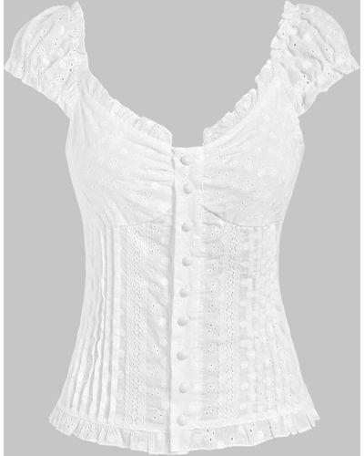 Zaful Solid Colour Puff Short Sleeves Buttons Eyelet Broderie Anglaise Lace Decor Milkmaid Blouse - White