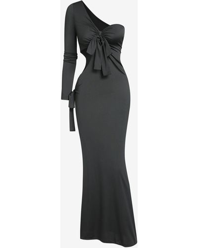 Zaful Sexy Solid Color One-shoulder Side Cut Out Slit Tie Knot Backless Club Party Maxi Dress - Black