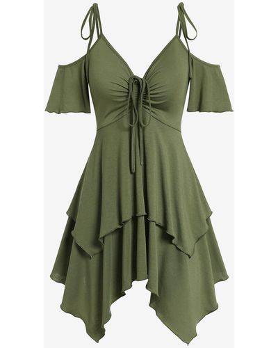 Zaful Tie Spaghetti Strap Cold Shoulder Cinched Ruched Empire Waist Layered Handkerchief Dress - Green