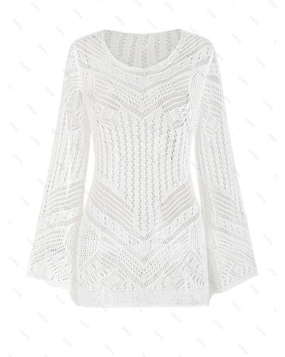 Zaful Summer Vacation Crochet Knit Flare Sleeve Cover Up Beach Tunic Mini Dress - White