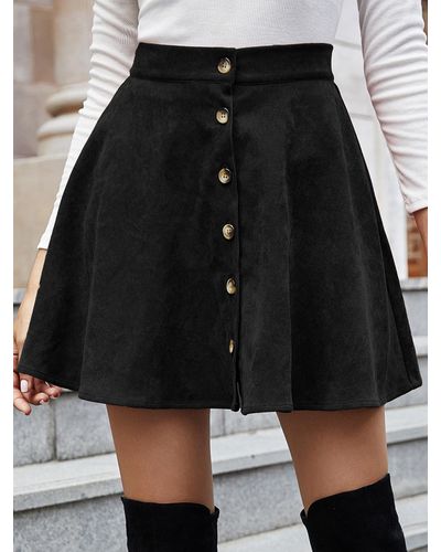 Zaful Vintage Style Solid Colour Button Up Corduroy Mini Skirt - Black