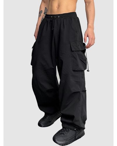 Zaful Loose Fit Drawstring Pocket Design Beam Feet Parachute Cargo Pants - Black