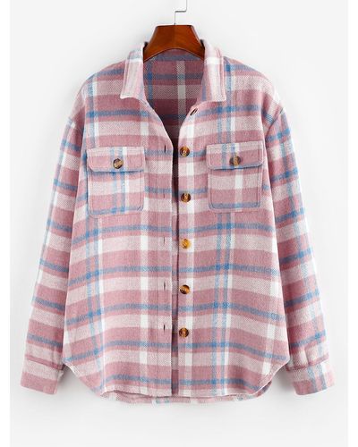 Zaful Plaid Flannel Chest Pocket Tunic Shacket - Pink
