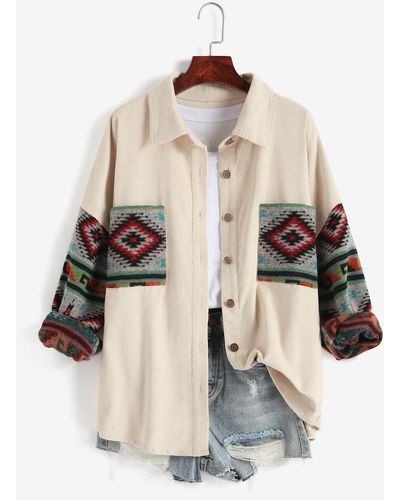 Zaful Jackets Aztec Corduroy Shacket Fall&winter Long Sleeves Drop Shoulder Fleece Lined Printed Outfit Button Up Jacket Shirt - Natural