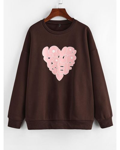 Zaful Heart In My Moods Graphic Pullover Sweatshirt in Brown