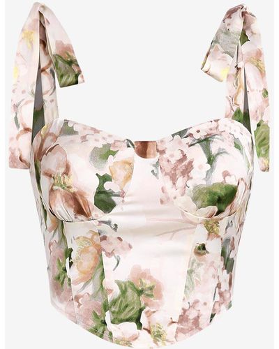 Zaful Floral Print Smocked Tie Shoulder Corset Style Tank Top - White