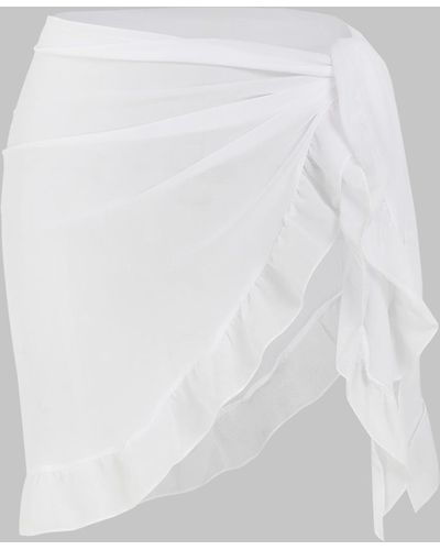 Zaful Semi-sheer Ruffles Tie Side Cover Up Beach Sarong Skirt - White