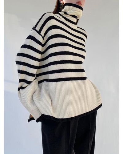 Zaful Striped High Collar Drop Shoulder Wide Sleeve Slit Side Oversized Pullover Sweater Sweater - White