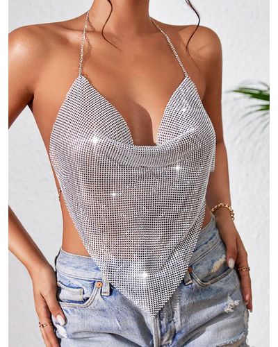 Zaful Sexy Club Party Backless Sparkly Rhinestone Chainmail Halter Cowl Front Scarf Hem Tank Top - White