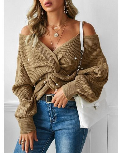 Zaful Faux Pearl Embellished Twisted Cold Shoulder Sweater - Brown