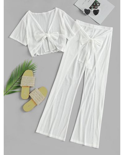 Zaful Beach Matching Tie Front Sheer Cover Up Beach Top And Pants Set - White