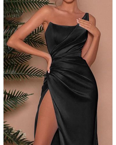 Zaful Elegant Party Going Out Asymmetric One Shoulder Fishbone Satin High Slit Backless Pleated Solid Color Maxi Slinky Dress - Black