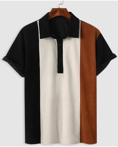 Zaful Short Sleeves Half Button Colorblock Corduroy Collared T Shirt - Black