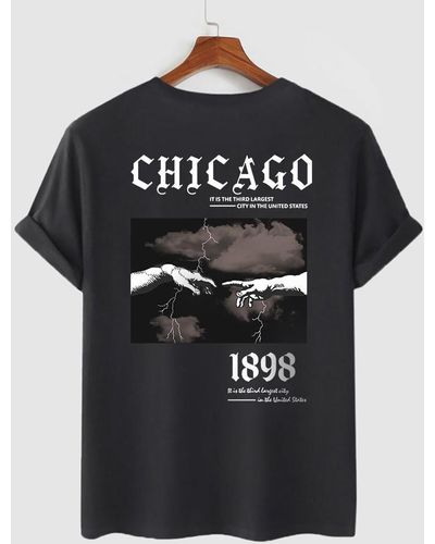 Zaful Casual Vintage Letter Chicago Gesture Graphic Printed Short Sleeves T-shirt - Black