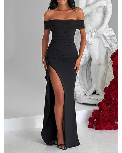 Zaful Sexy Elegant Solid Color Draped Ruched Design Thigh High Split Off Shoulder Prom Party Evening Gown Maxi Dress - Black