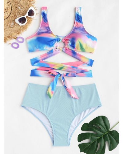 Zaful Bikini Plus Size Ribbed Tie Dye O Ring Midriff Flossing Tankini Swimwear Xl - Blue