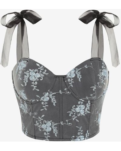 Zaful Ribbon Lace Up Tie Shoulder Glitter Floral Embroidery Padded Underwire Fishbone Corset Style Tank Top - Gray