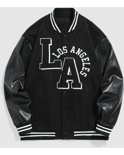 Zaful Men's Letter Los Angeles Embroidery Pu Leather Spliced Baseball Varsity Jacket Xl Black