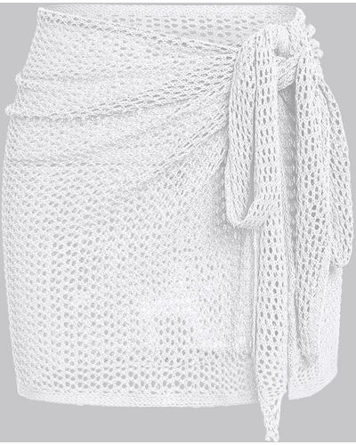 Zaful 's Swimwear Beach Vacation Cover Up Bottoms Tie Sheer See Through Crochet Knit Sarong Style Mini Skirt - White