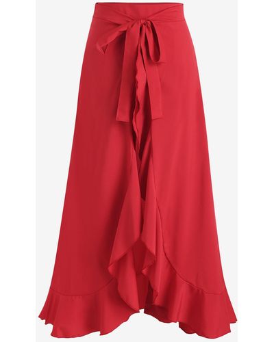 Zaful Tie Front Ruffles Overlap Lined Long Skirt - Red