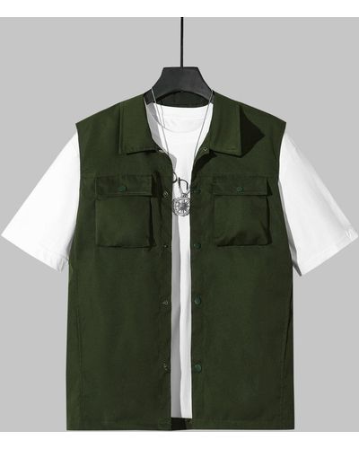 Zaful Streetwear Turn Down Collar Solid Color Pocket Cargo Vest - Green