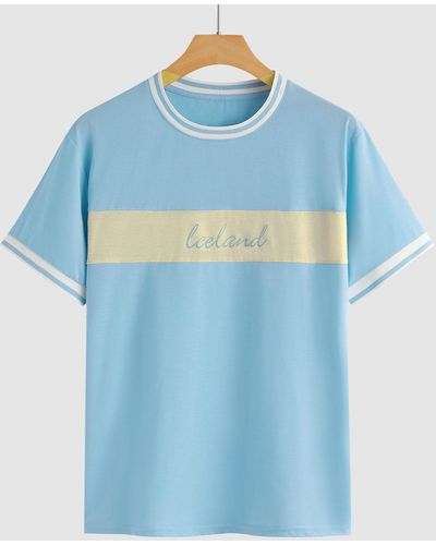 Zaful Iceland Pattern Colorblock Casual Tee - Blue