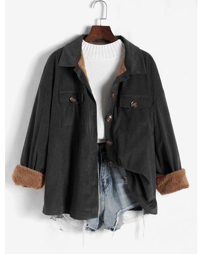Zaful Cotton Cargo Fleece Jacket Shirt Collar Long Sleeves Lined Corduroy Pockets Slight Stretch Shacket - Black