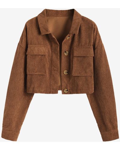 Zaful Single Breasted Flap Pockets Corduroy Crop Shirt Jacket Shacket - Brown