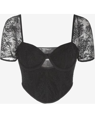 Zaful Sexy Underwire Cupped Detail Corset Boning Sheer Lace Lingerie Style Crop Blouse - Black