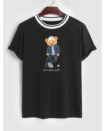 Zaful Letter Bear Graphic Printed Short Sleeve T-shirt - Black