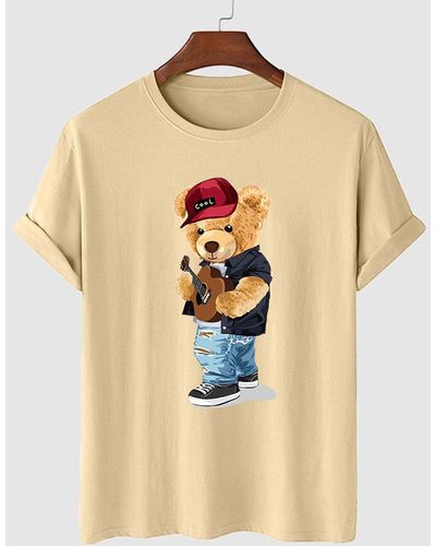 Men's Casual Funny Style Cartoon Bear Guitar Rock Music Graphic Printed  Short Sleeves T-shirt In WHITE