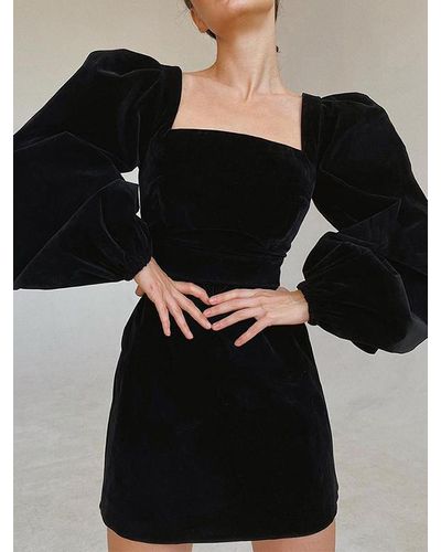 Zaful Elegant Vintage Cocktail Party Velvet Square Neck Puff Long Sleeves High Waist Mini Bodycon Dress - Black