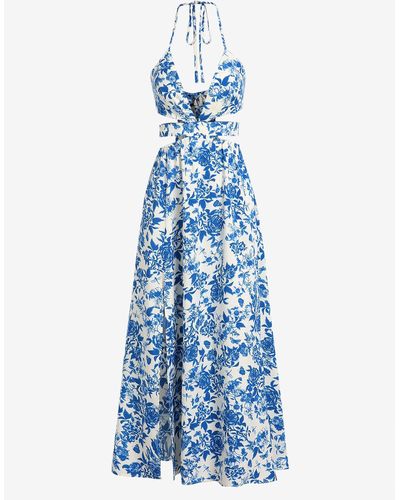 Floral Print Halter Cut Out Slit Midi Dress
