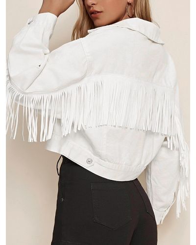 Zaful Fashion portable chaqueta denim abotonada y flecos xs - Blanco