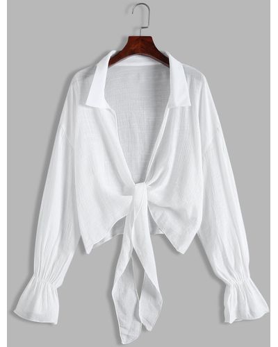 Zaful Beach Tie Front Semi Sheer Poet Sleeve Cover Up Beach Top - White