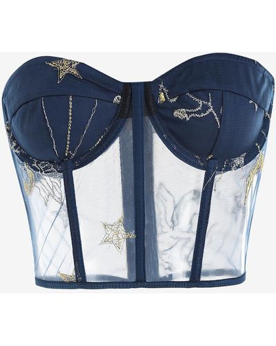 Zaful Tank Tops Sexy Sheer Mesh See Through Star Embroidery Underwire Fishbone Corset Style Crop Tube Top - Blue